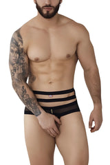 Black striped Pikante plasencia briefs with sheer mesh panels and a brand tag at the waistband in black