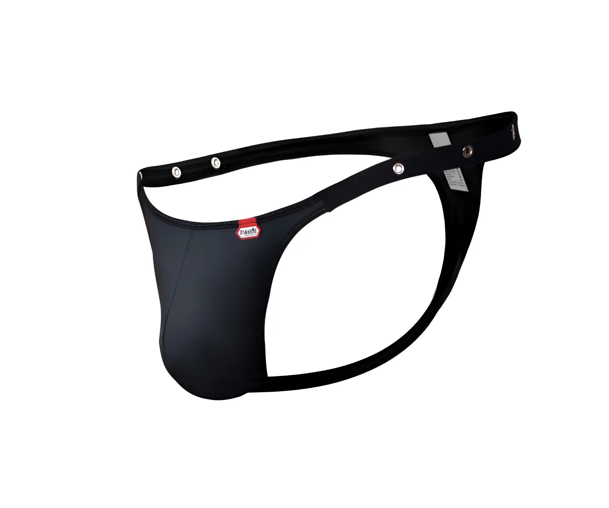 Black Pikante PIK 1025X Perusa thong with sleek form-fitting design and adjustable silver-toned metal hardware straps