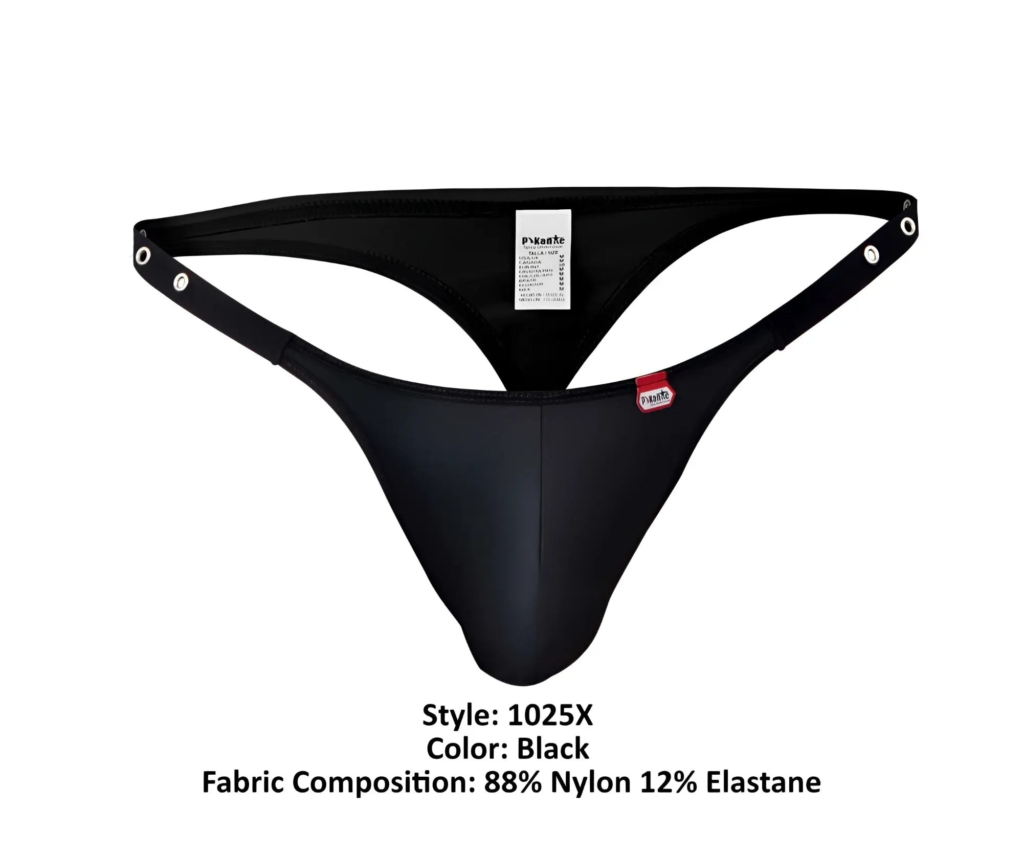 Black Pikante PIK 1025X Perusa thong made of 88% nylon 12% elastane with adjustable side straps shown from the back