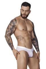 White pikante pik 1072 blaze briefs featuring colorful star pattern on soft cotton fabric for comfortable wear