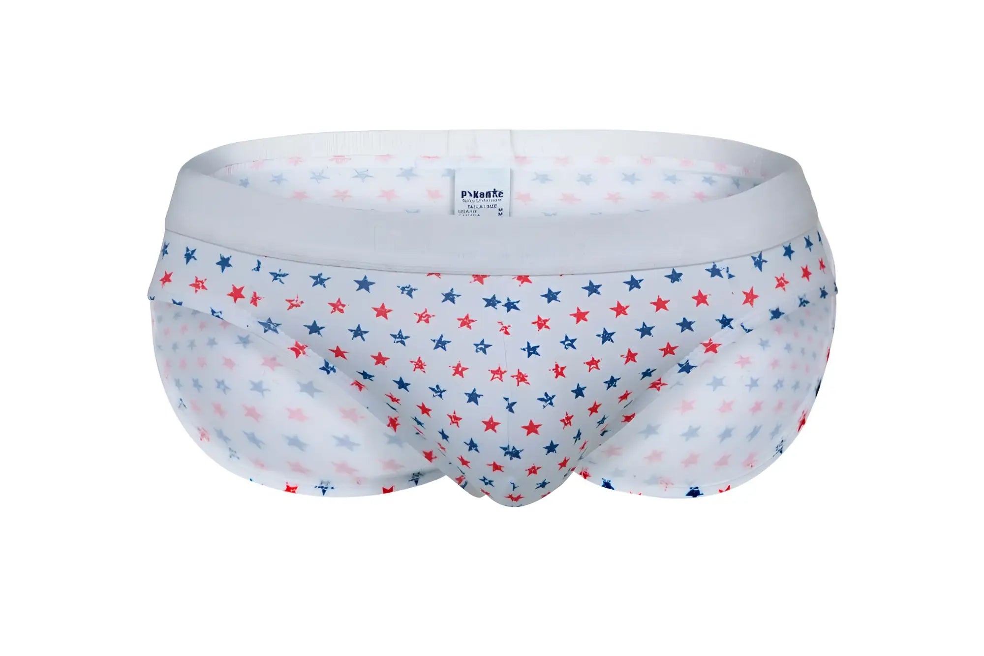 White briefs pikante pik 1072 blaze featuring a playful red blue and light pink star pattern on sheer fabric