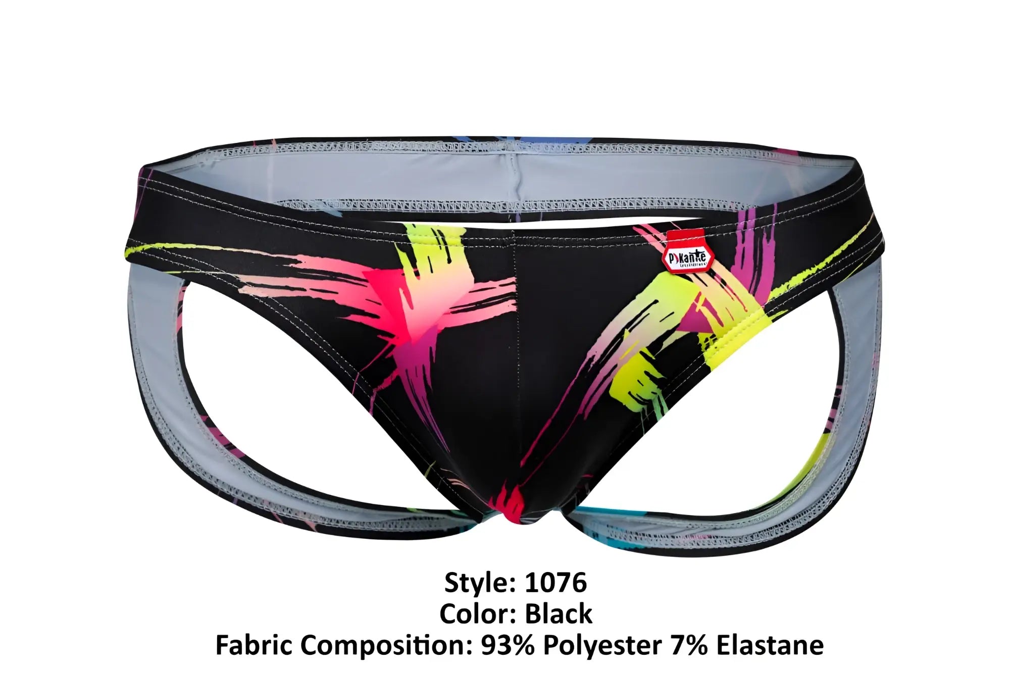 Pikante PIK 1076 Nucleus black athletic briefs with neon pink yellow and magenta brushstroke patterns on black base