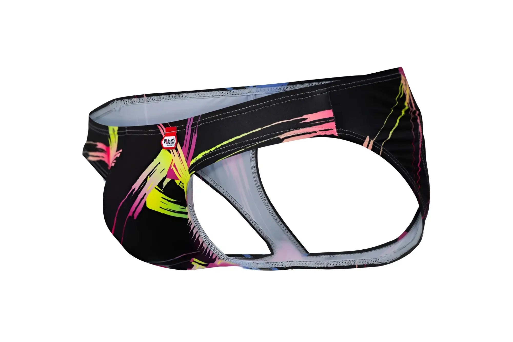 Pikante pik 1076 nucleus black athletic briefs with vibrant neon pink yellow and green abstract brushstroke patterns
