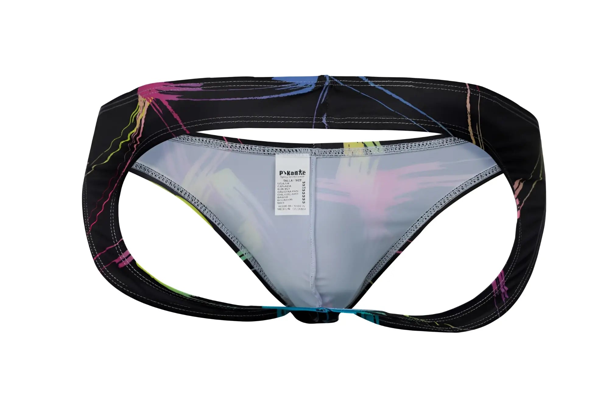 Pikante PIK 1076 Nucleus jockstrap black athletic briefs with neon pink yellow blue green paint splatter design