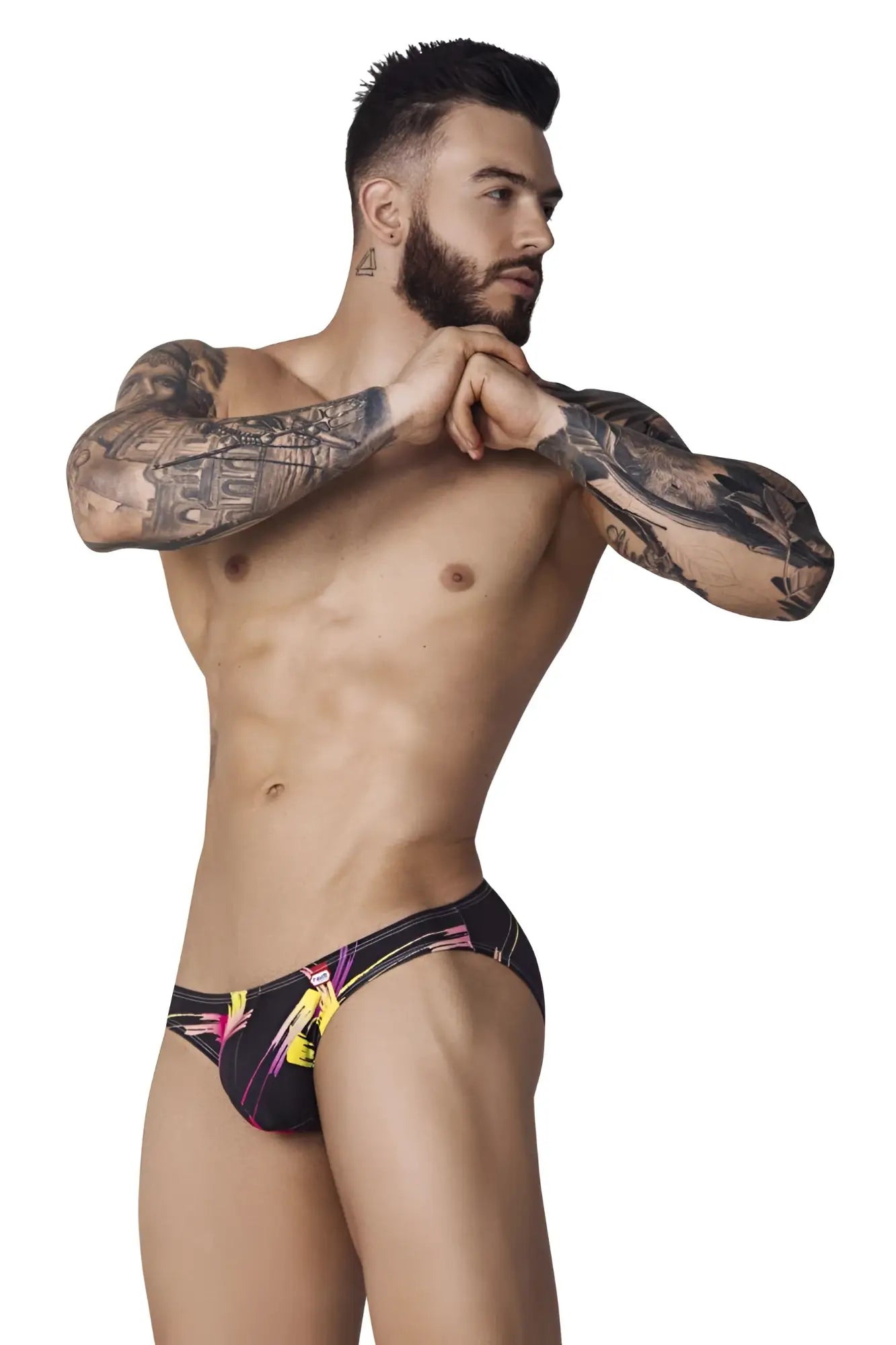 Black Pikante PIK 1076 Nucleus jockstrap with neon pink and yellow geometric patterns designed for swimwear use
