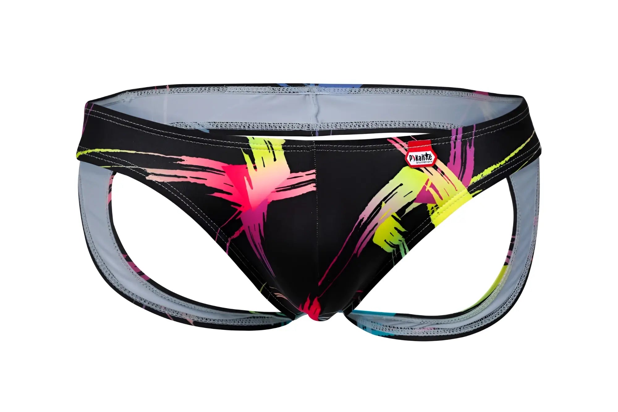 Black pikante pik 1076 nucleus jockstrap with neon pink and yellow brushstrokes and gray inner lining