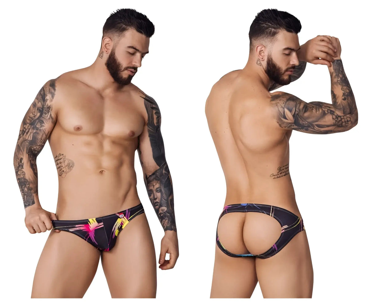 Vibrant black pikante pik 1076 nucleus jockstrap with bold pink and yellow abstract patterned briefs design