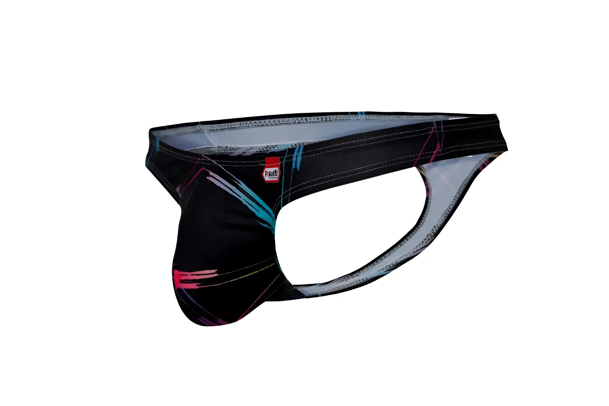 Black pikante pik 1077 nucleus thong with vibrant teal pink and white abstract line pattern athletic briefs front view