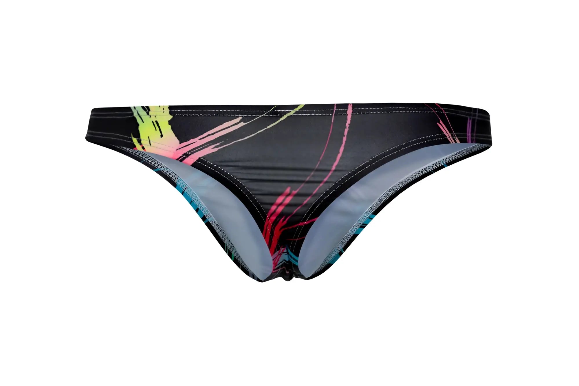 Black pikante PIK 1077 nucleus thong bottom with neon pink yellow and blue abstract brushstrokes on stretchy fabric