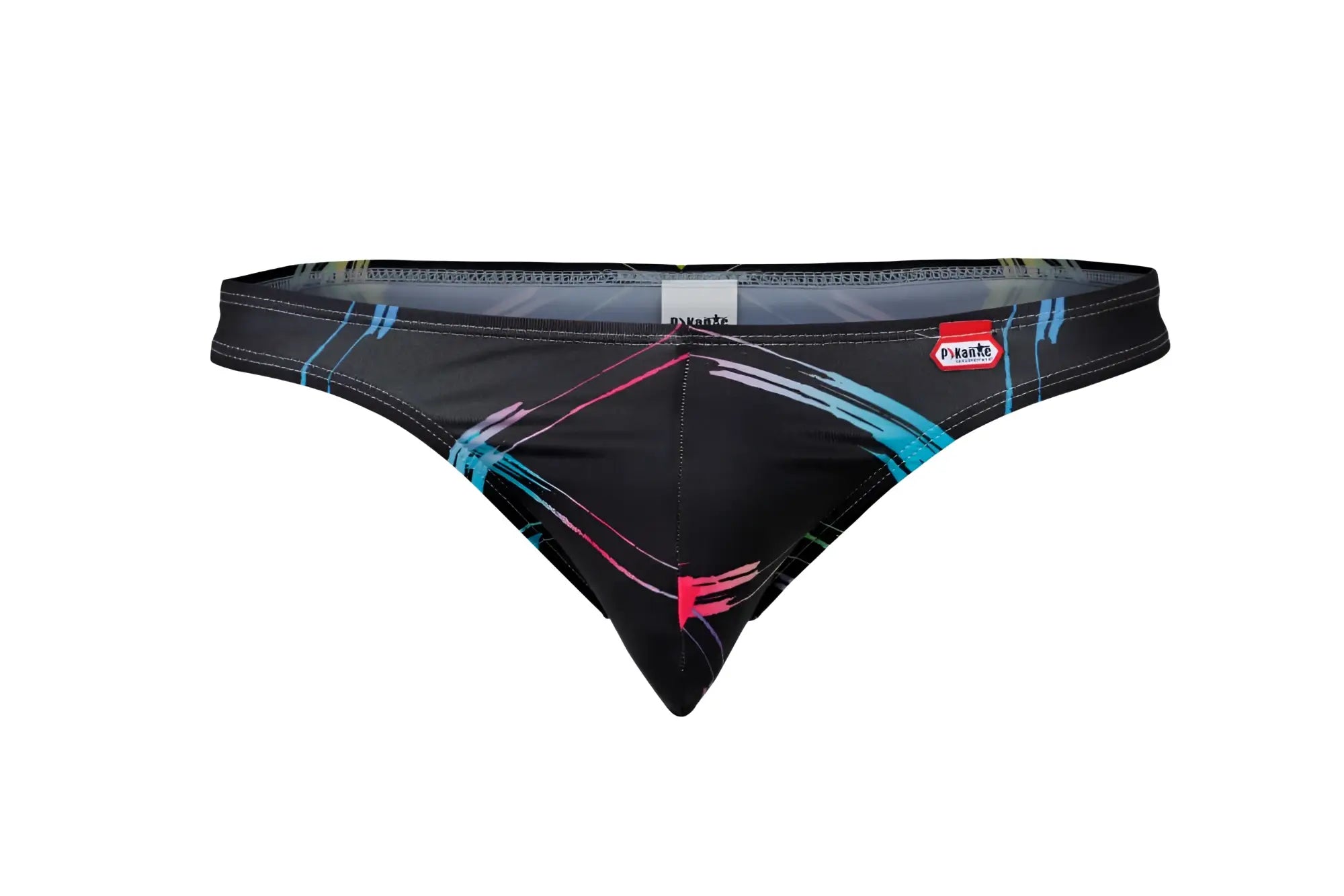 Black swim trunks pikante pik 1077 nucleus with bold blue pink and white abstract brushstroke pattern