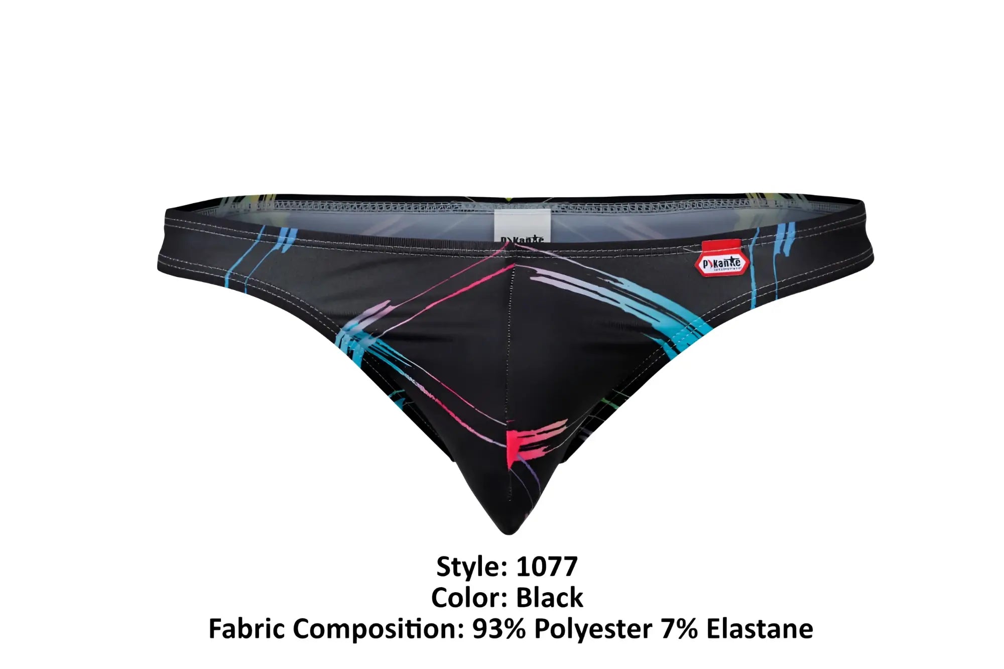 Black Pikante PIK 1077 Nucleus thongs with vibrant blue and pink abstract lines made from 93 polyester 7 elastane