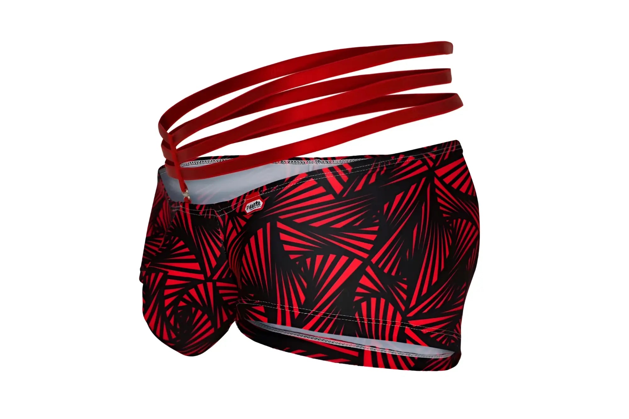 Red and black geometric-patterned Pikante PIK 1078 Fiery trunks with a matching red elastic waistband for swimwear use