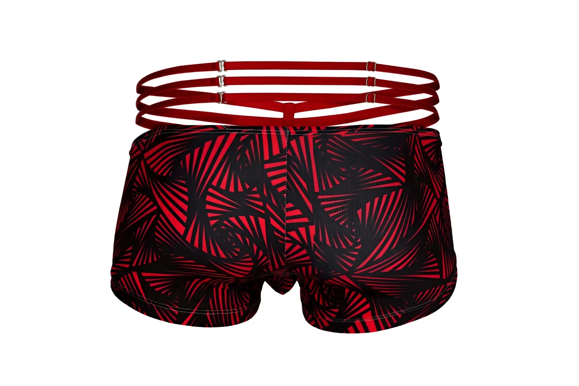 Pikante PIK 1078 fiery trunks red swim trunks with red and black pattern and multi-strapped waistband
