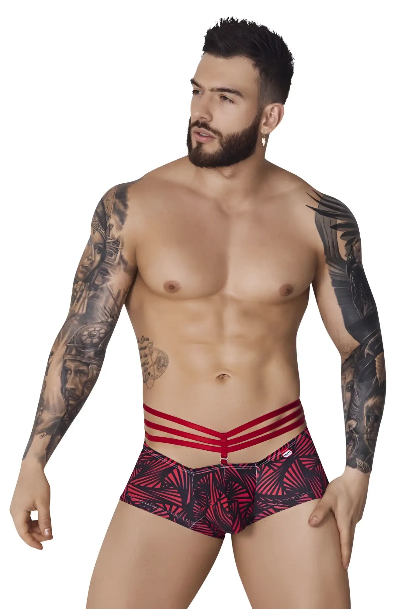 Red and black patterned pikante PIK 1078 fiery trunks briefs with three horizontal red waist straps for bold style