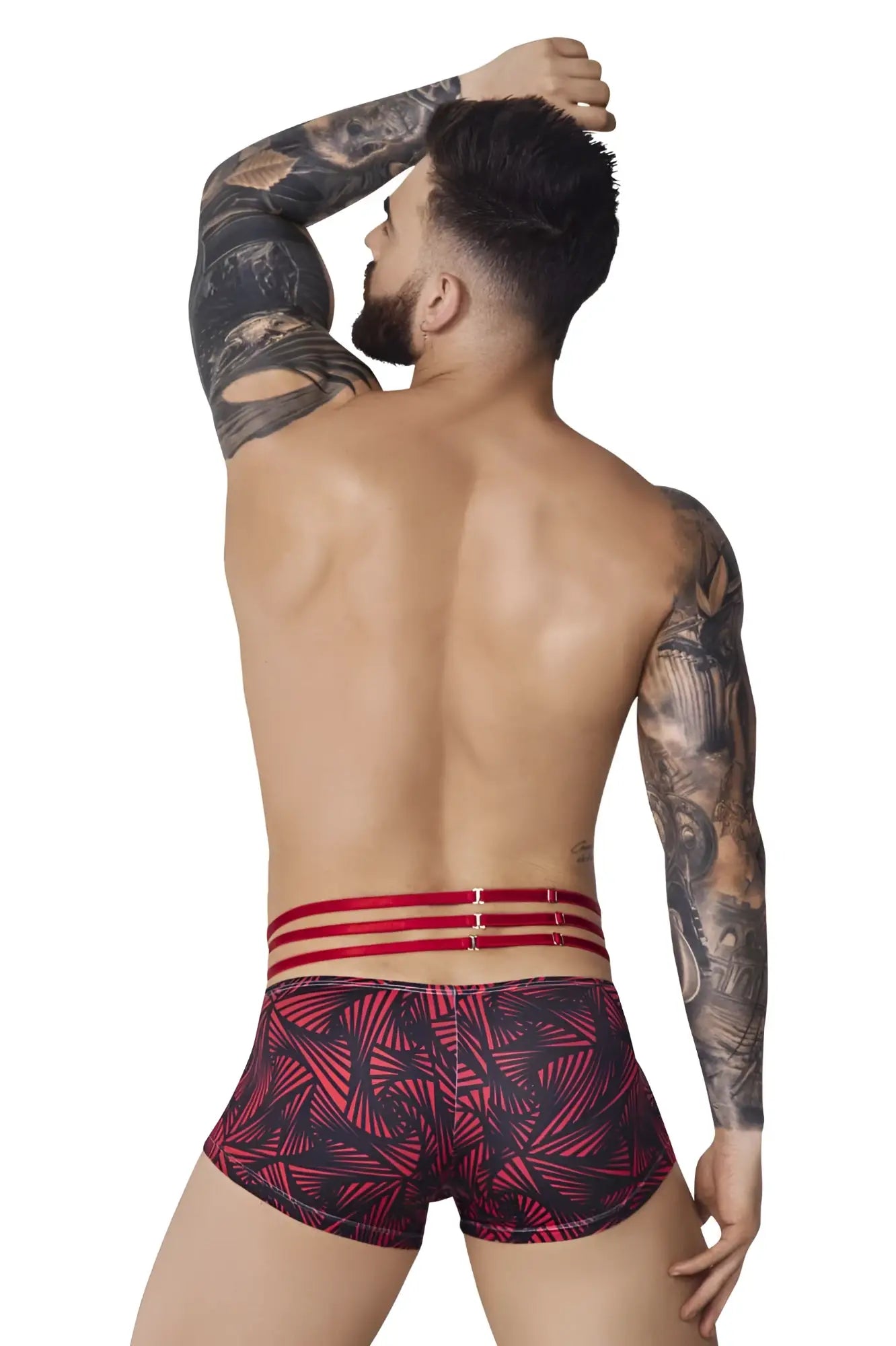 Red and black patterned pikante pike 1078 fiery trunks briefs with three horizontal red straps at the waist