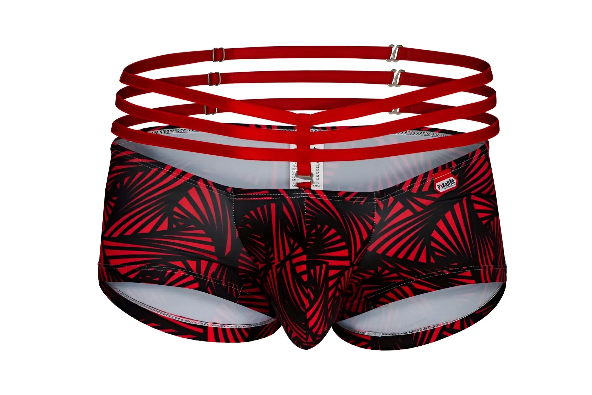 Red and black tropical leaf-patterned Pikante PIK 1078 Fiery trunks men’s briefs with a matching red crisscross waistband