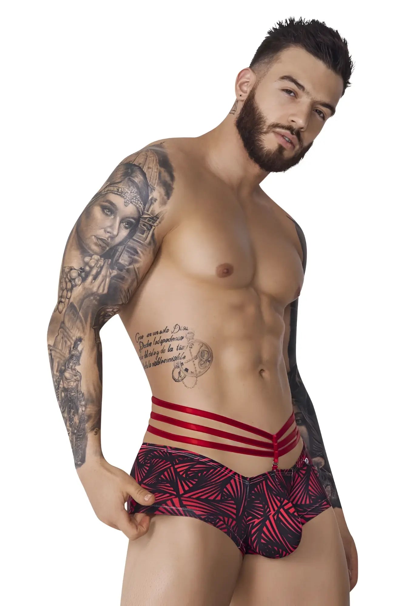 Men’s red and black patterned Pikante PIK 1078 fiery trunks briefs with three horizontal red straps for bold style