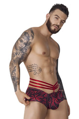Men’s red and black patterned Pikante PIK 1078 fiery trunks briefs with three horizontal red straps for bold style