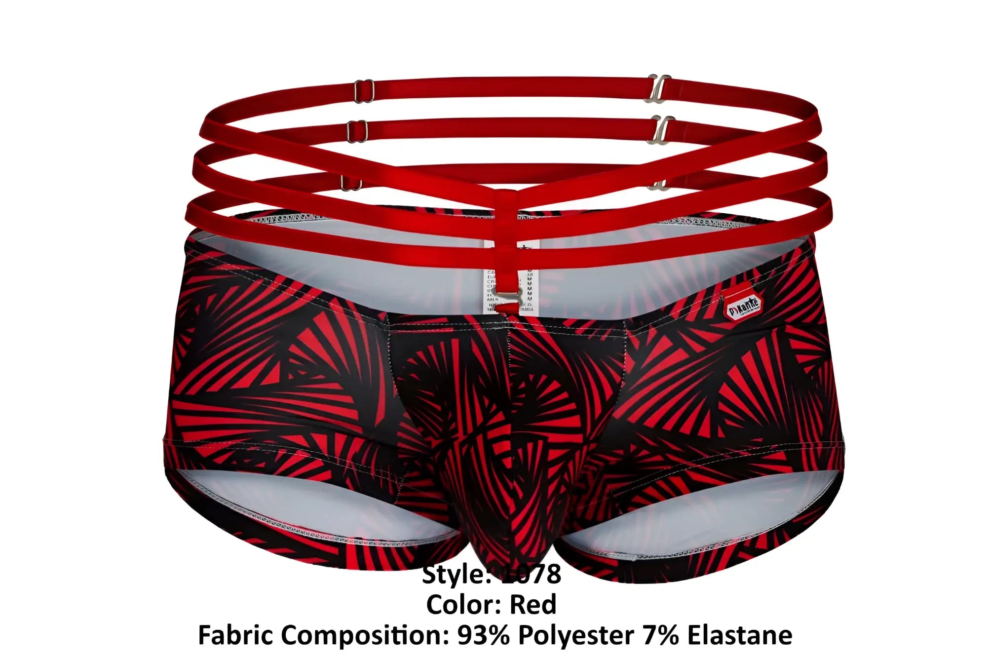 Red tropical leaf patterned briefs with bold strappy red waistband pikante PIK 1078 fiery trunks color red