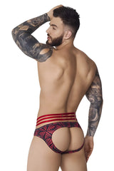 Red and black patterned briefs with a geometric design from pikante pik 1080 fiery jockstrap in color red