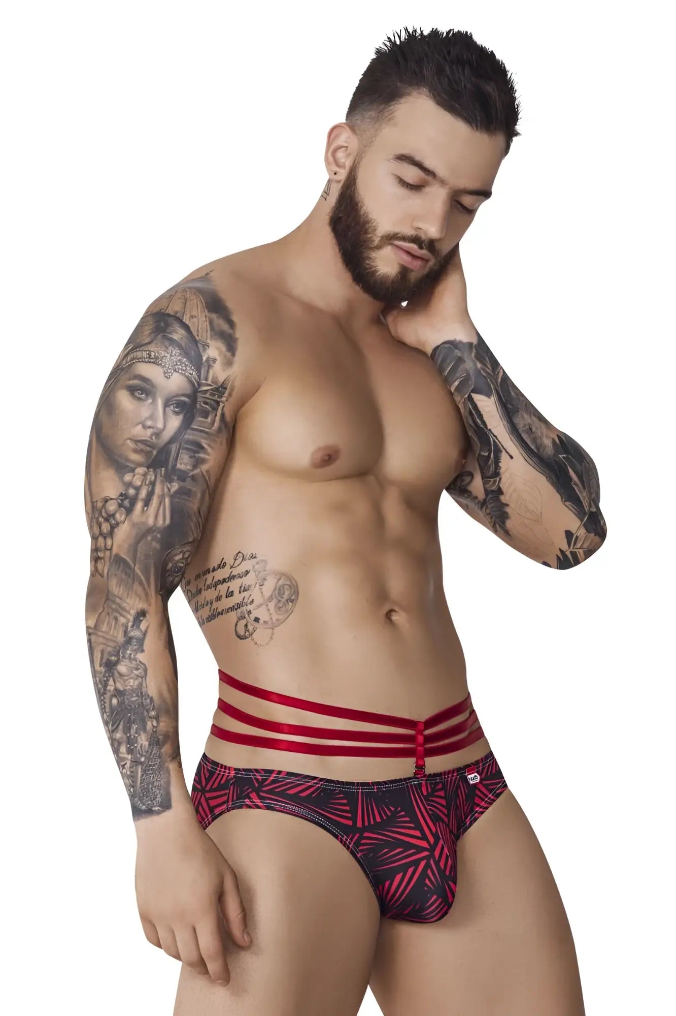 Red and black patterned pikante PIK 1080 fiery jockstrap with three red waistband stripes for men