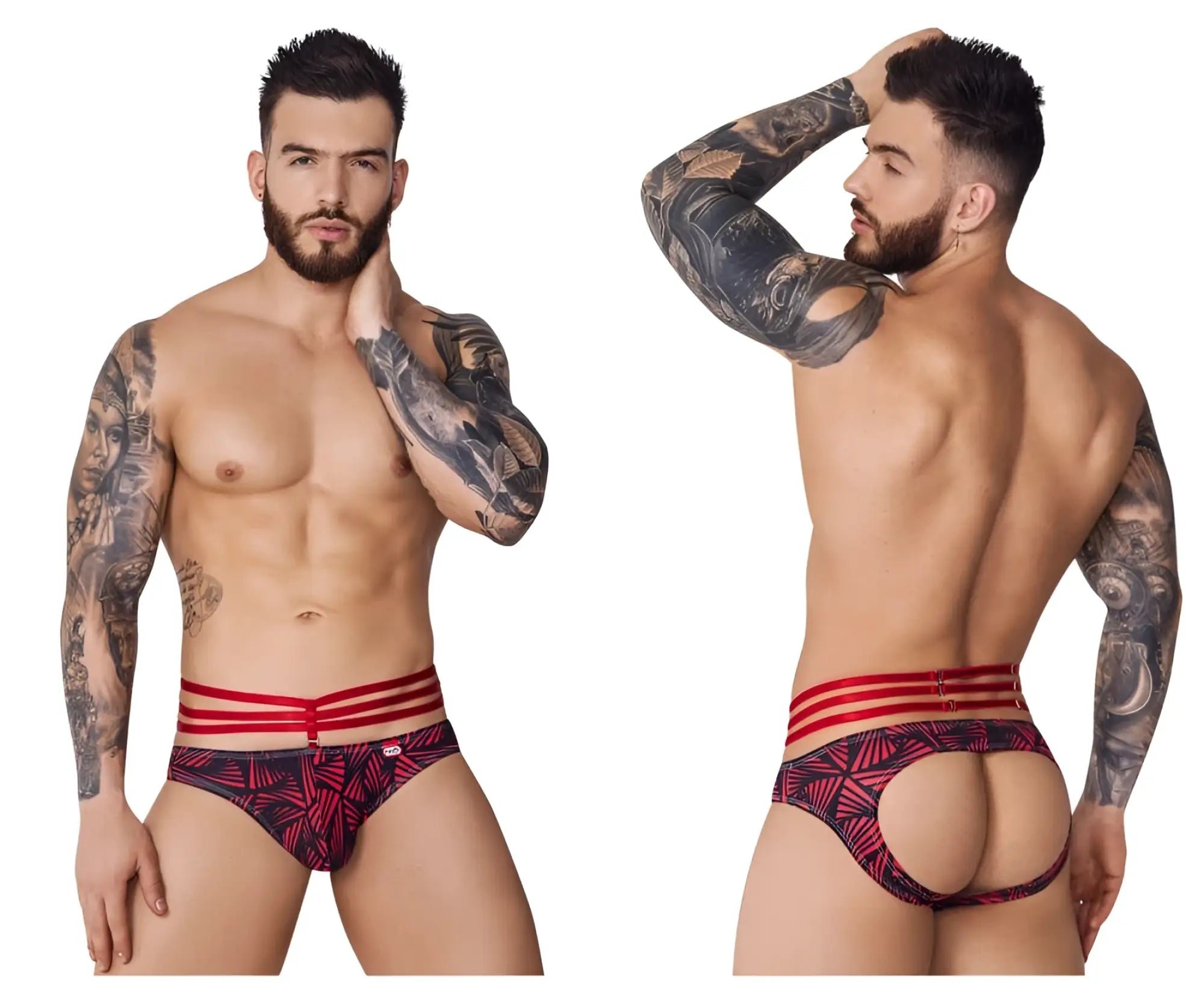 Red and black patterned pikante PIK 1080 fiery jockstrap briefs with three red stripes on the waistband