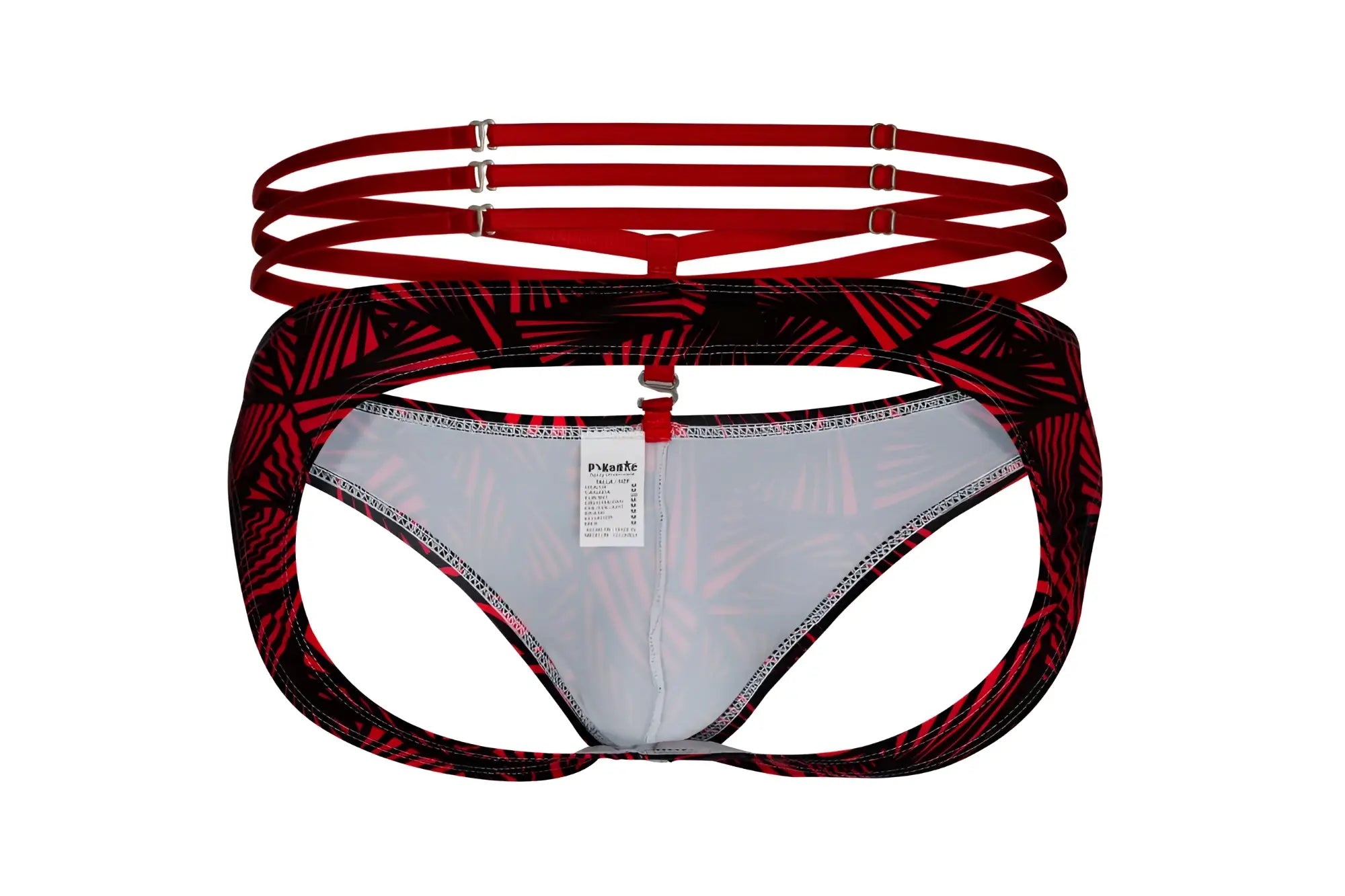 Red and black tropical leaf-patterned bikini bottom with white lining and adjustable straps from Pikante PIK 1080 Fiery Jockstrap