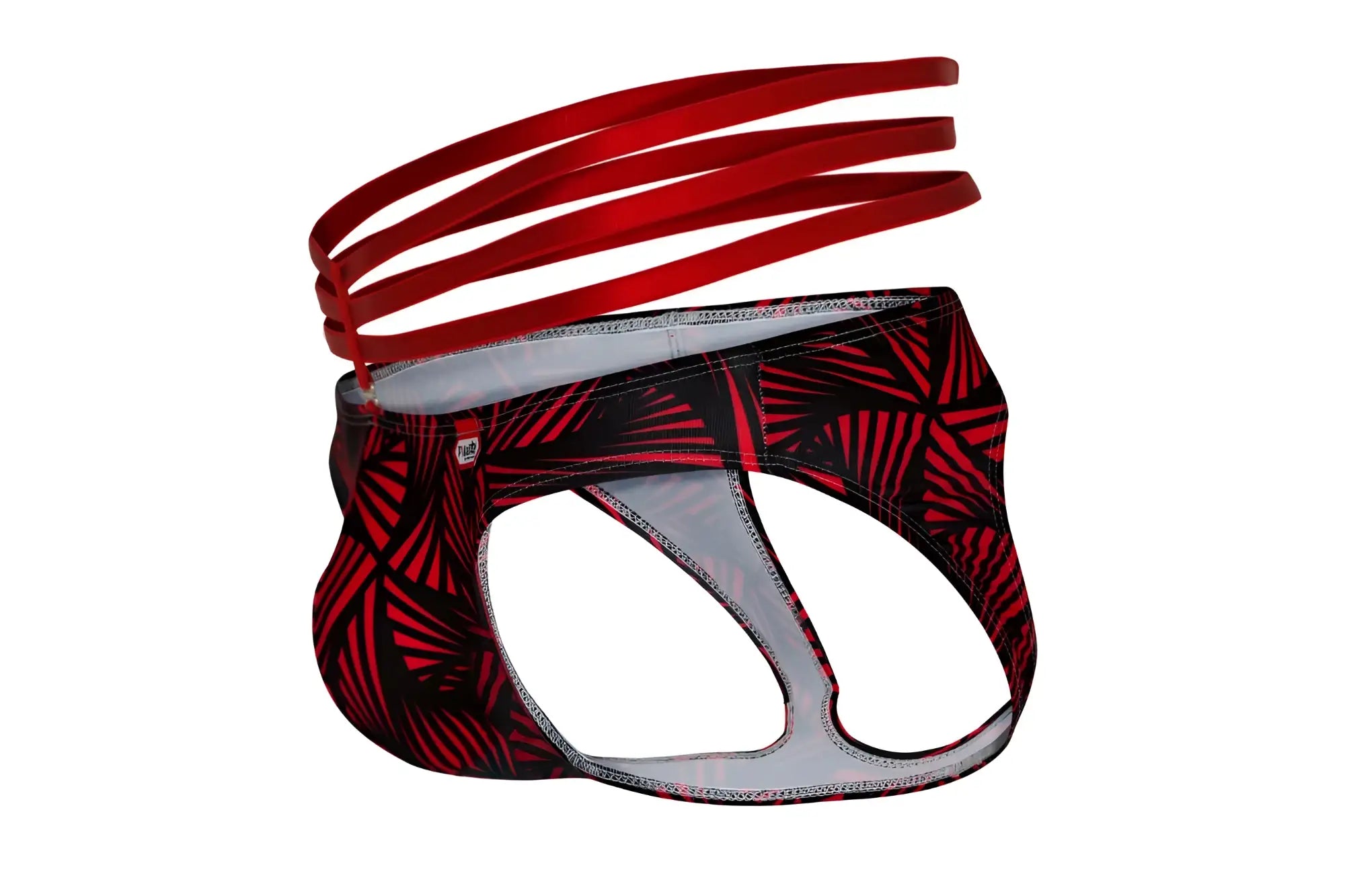 Red and black tropical leaf patterned pikante PIK 1080 fiery jockstrap with matching red elastic waistband