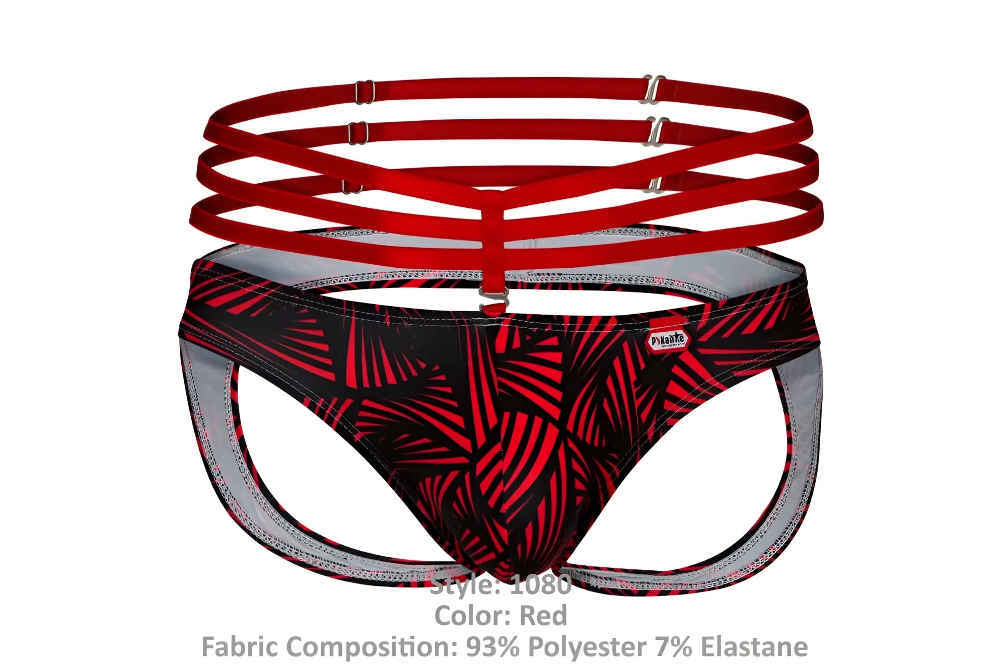 Red patterned briefs with black leaf design and silver trim from pikante pik 1080 fiery jockstrap color red