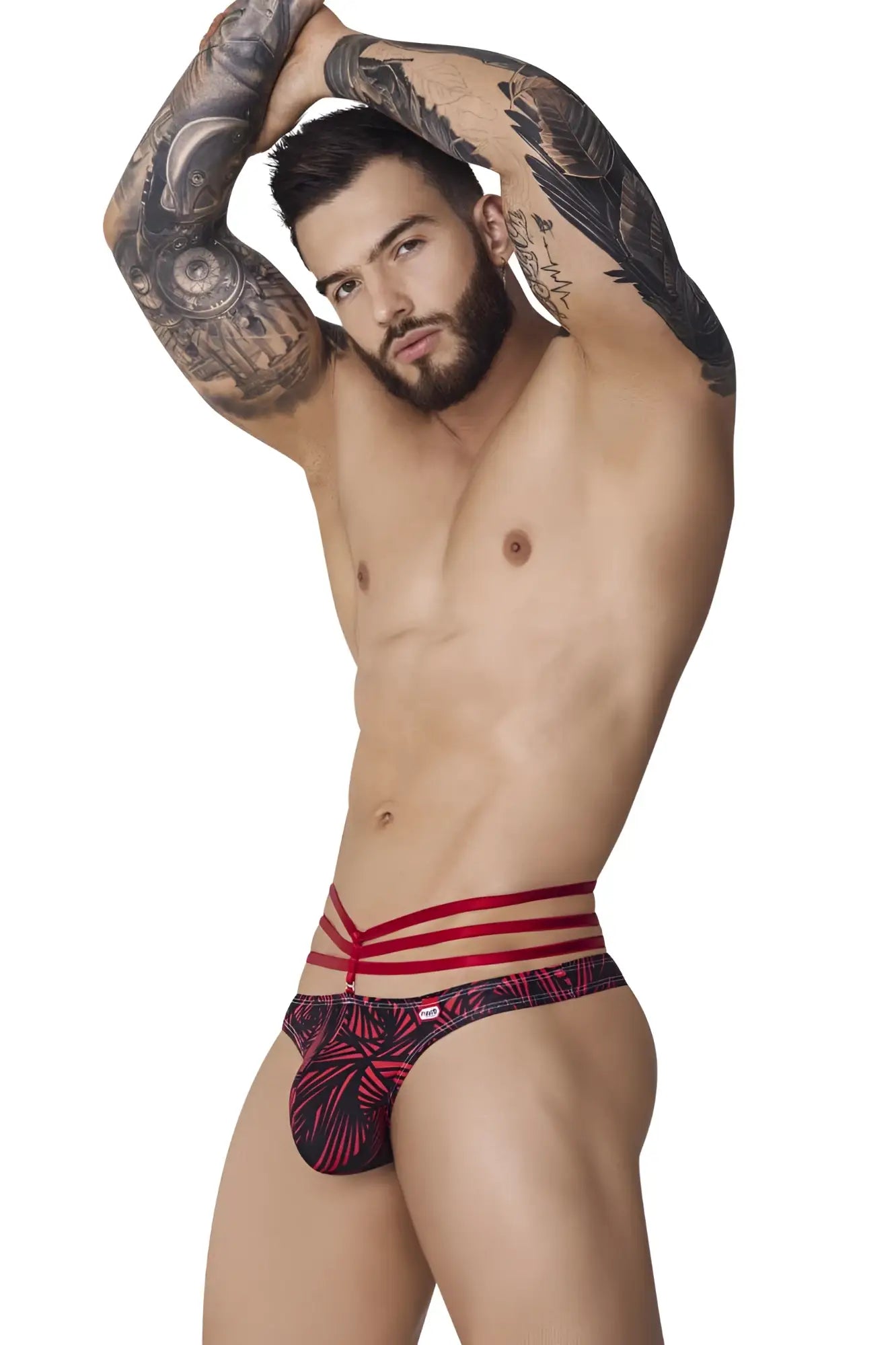 Pikante pik 1081 fiery thongs in red with red and black pattern and bold horizontal stripes at the waistband