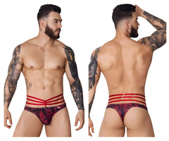 Red and black patterned men’s briefs with three horizontal red straps across the waist from pikante PIK 1081 fiery thongs