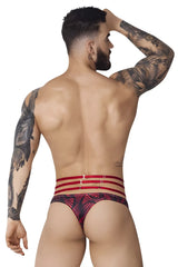 Red and black patterned briefs with three horizontal red straps across the waist from pikante pik 1081 fiery thongs collection