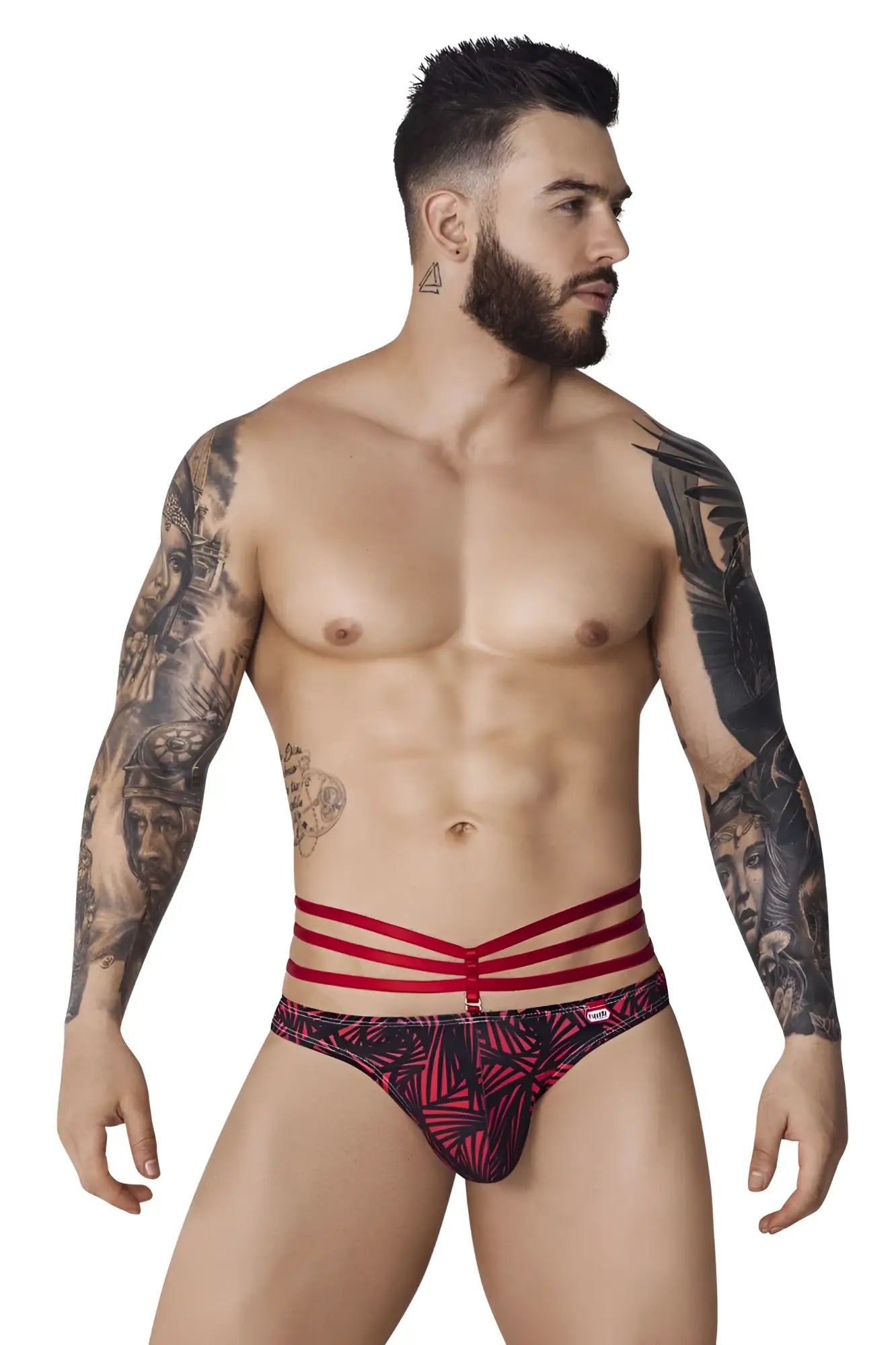 Red and black patterned briefs with three horizontal red straps across the waistband pikante PIK 1081 fiery thongs