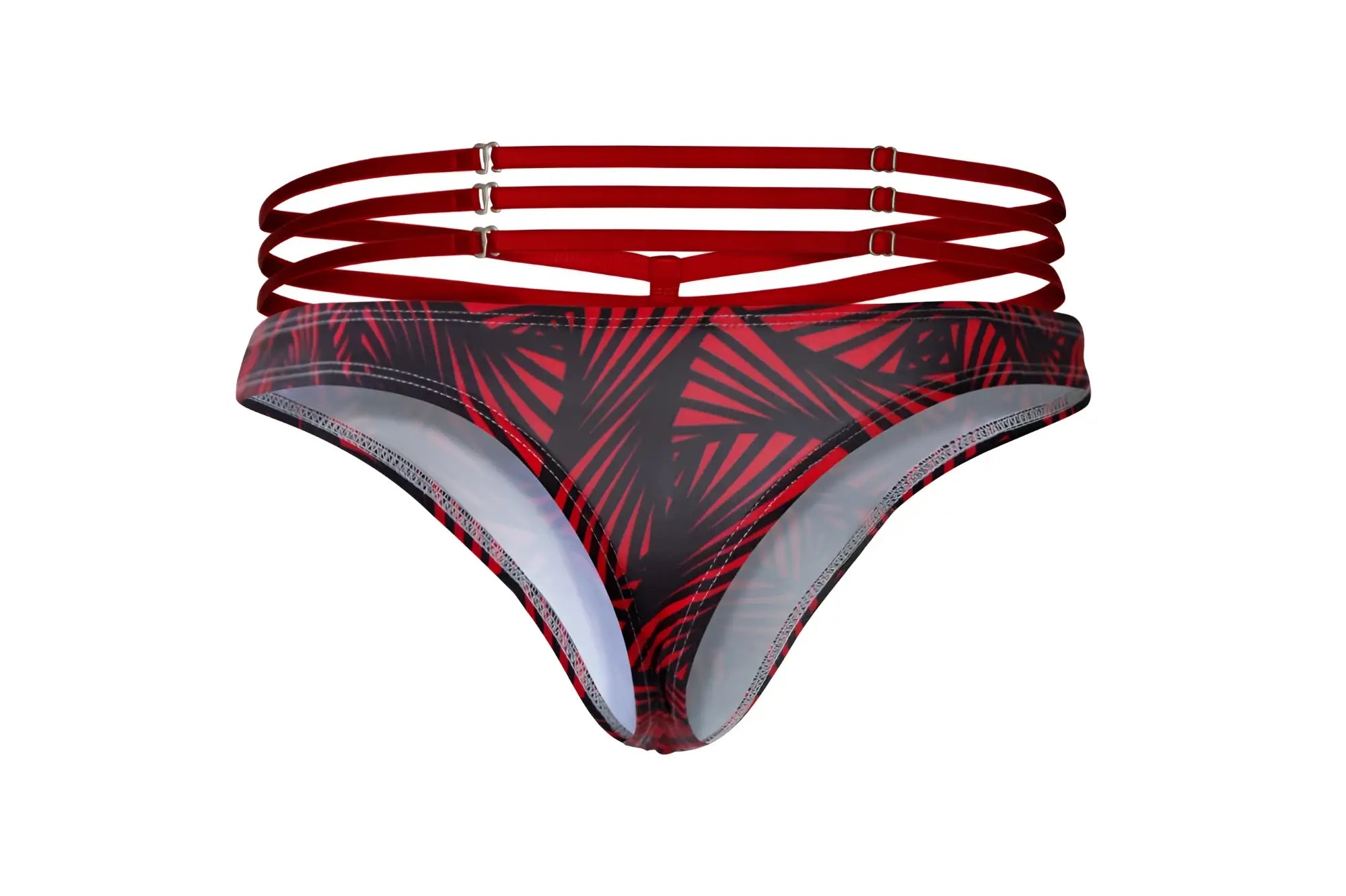Red and black tropical leaf patterned bikini bottom with multiple adjustable straps from pikante PIK 1081 fiery thongs
