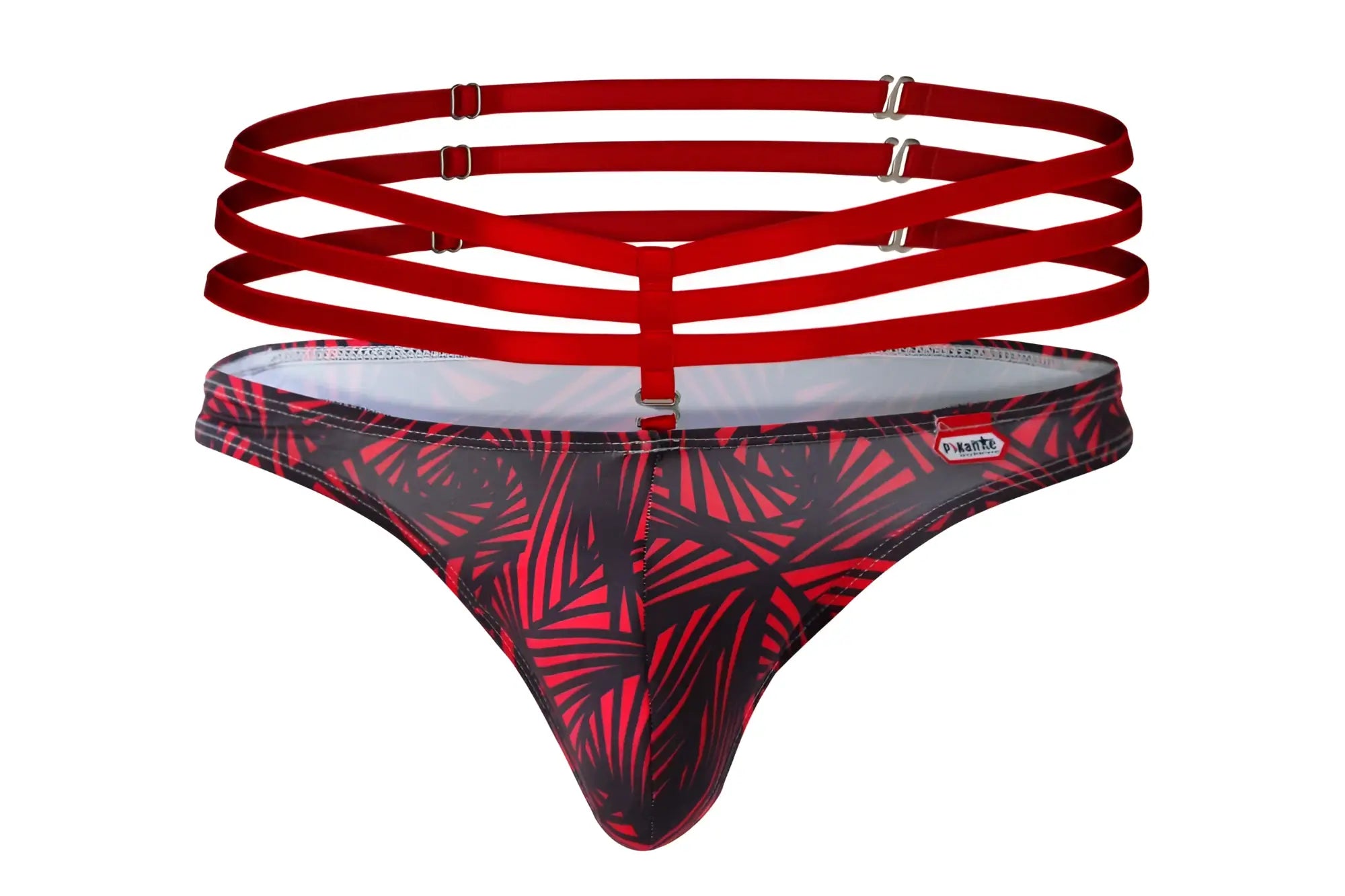 Red and black tropical leaf patterned thong with matching red multi strapped harness by pikante PIK 1081 fiery thongs