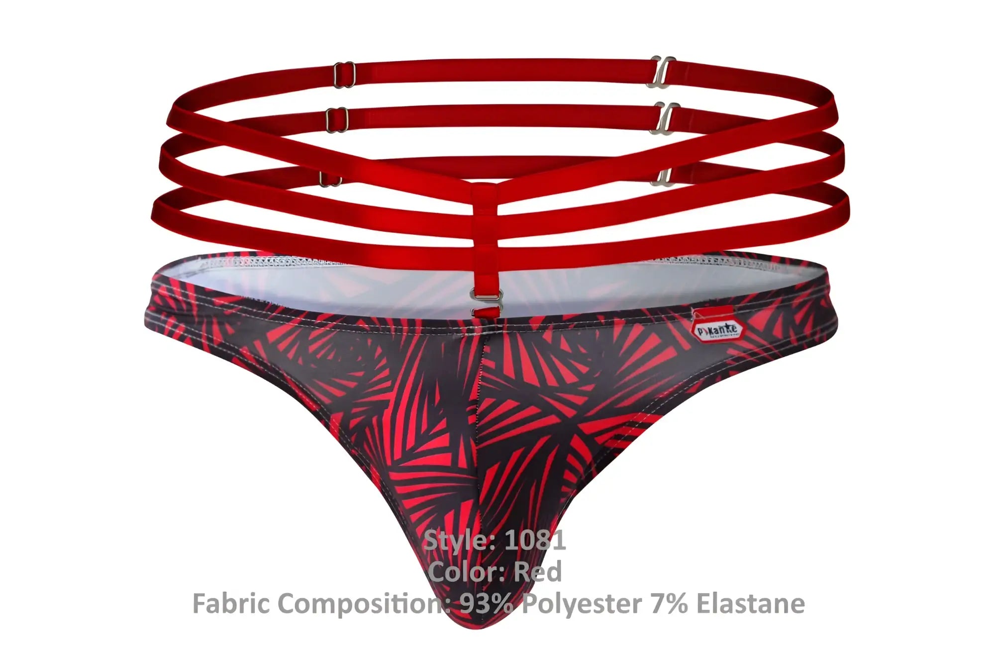Red tropical leaf-patterned thong with multiple red straps and silver metal clasps from Pikante PIK 1081 fiery thongs
