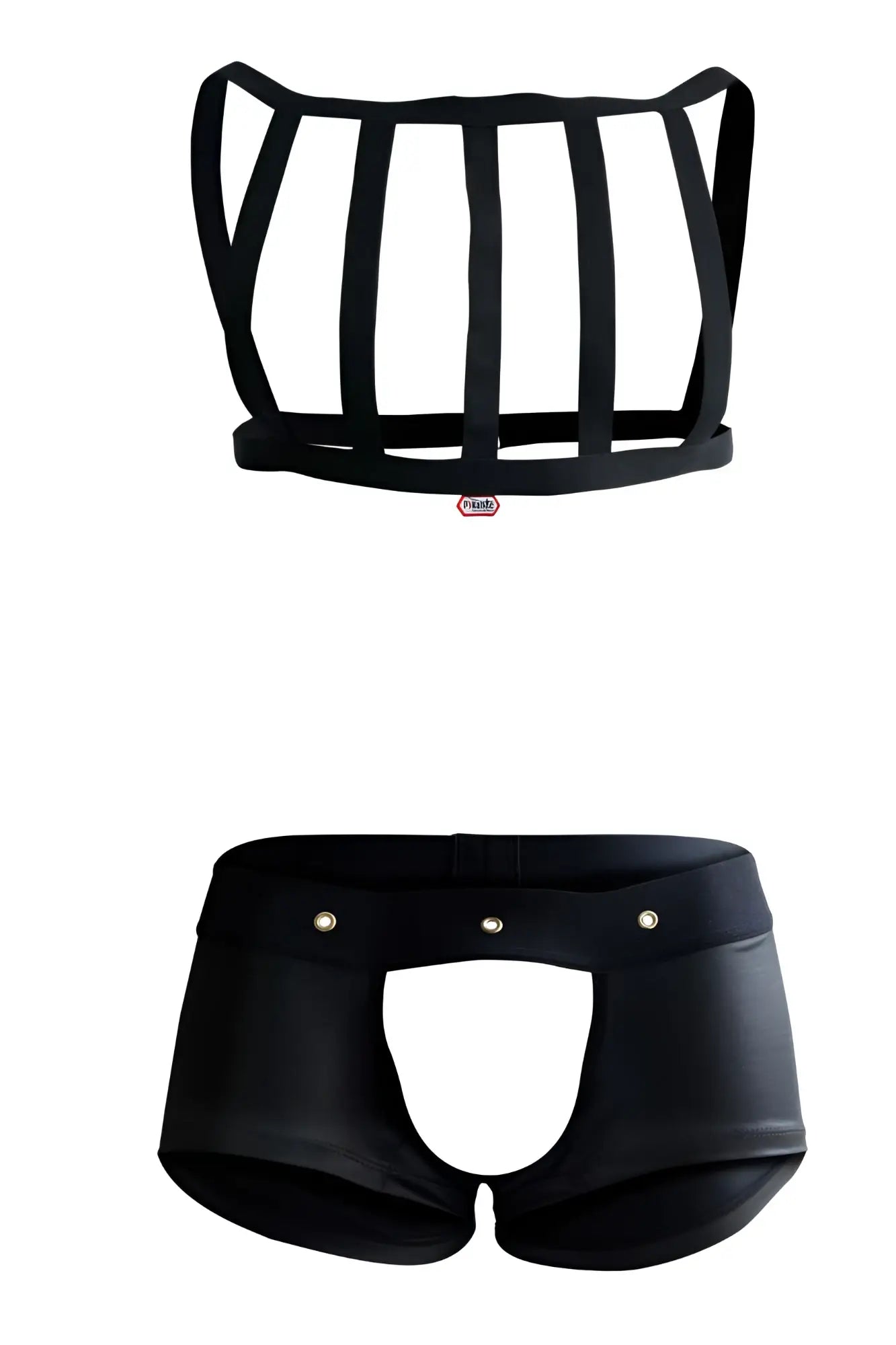 Black leather-like harness top with vertical straps and matching briefs with silver studs pikante PIK 1086 hard harness jockstrap