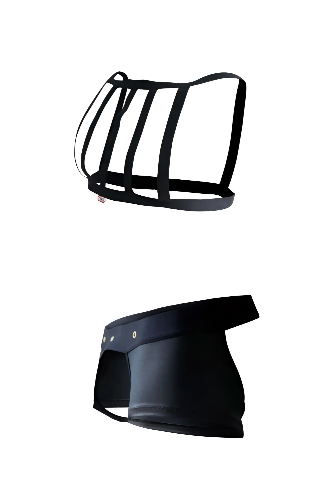 Black leather hard harness jockstrap and briefs set by pikante model pik 1086 shown from back side