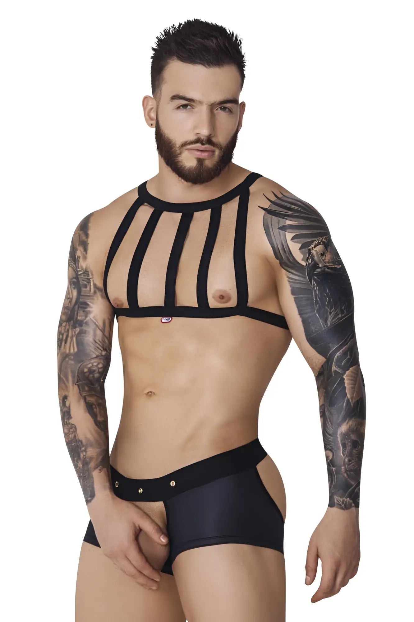 Black strappy Pikante PIK 1086 hard harness jockstrap with sleek form-fitting design and adjustable straps
