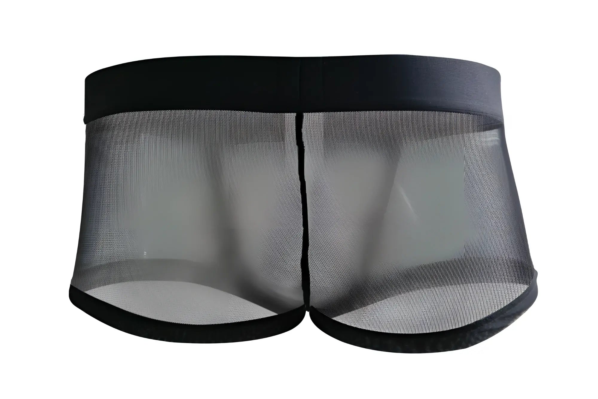 Black mesh Pikante PIK 1090 Burly trunks with solid black elastic waistband and trim shown from the back side