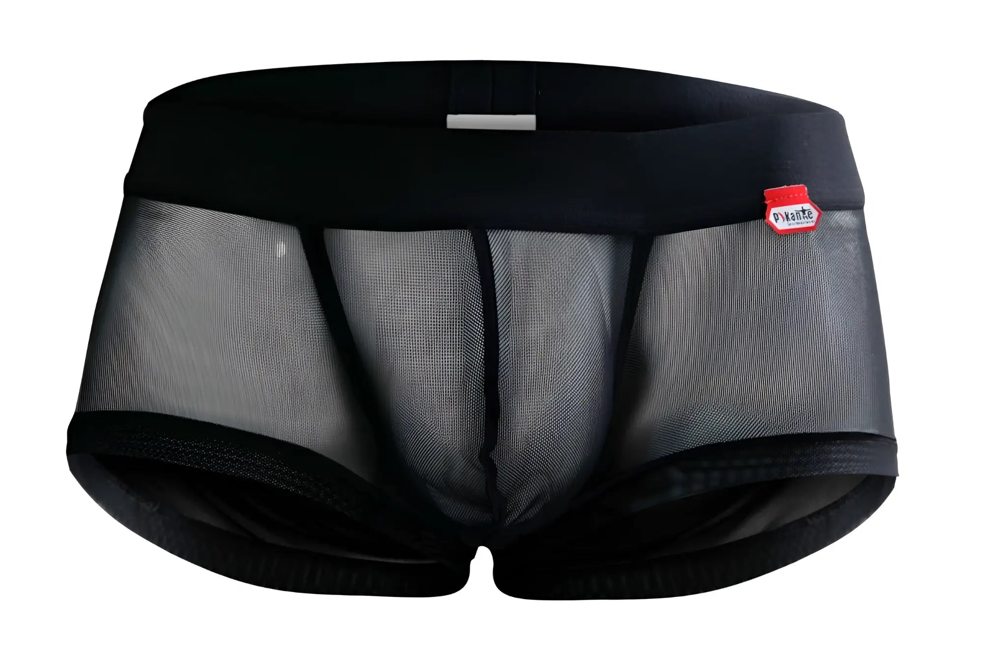 Pikante pik 1090 burly mesh trunks in black feature black mesh briefs with solid waistband and red brand tag on the side