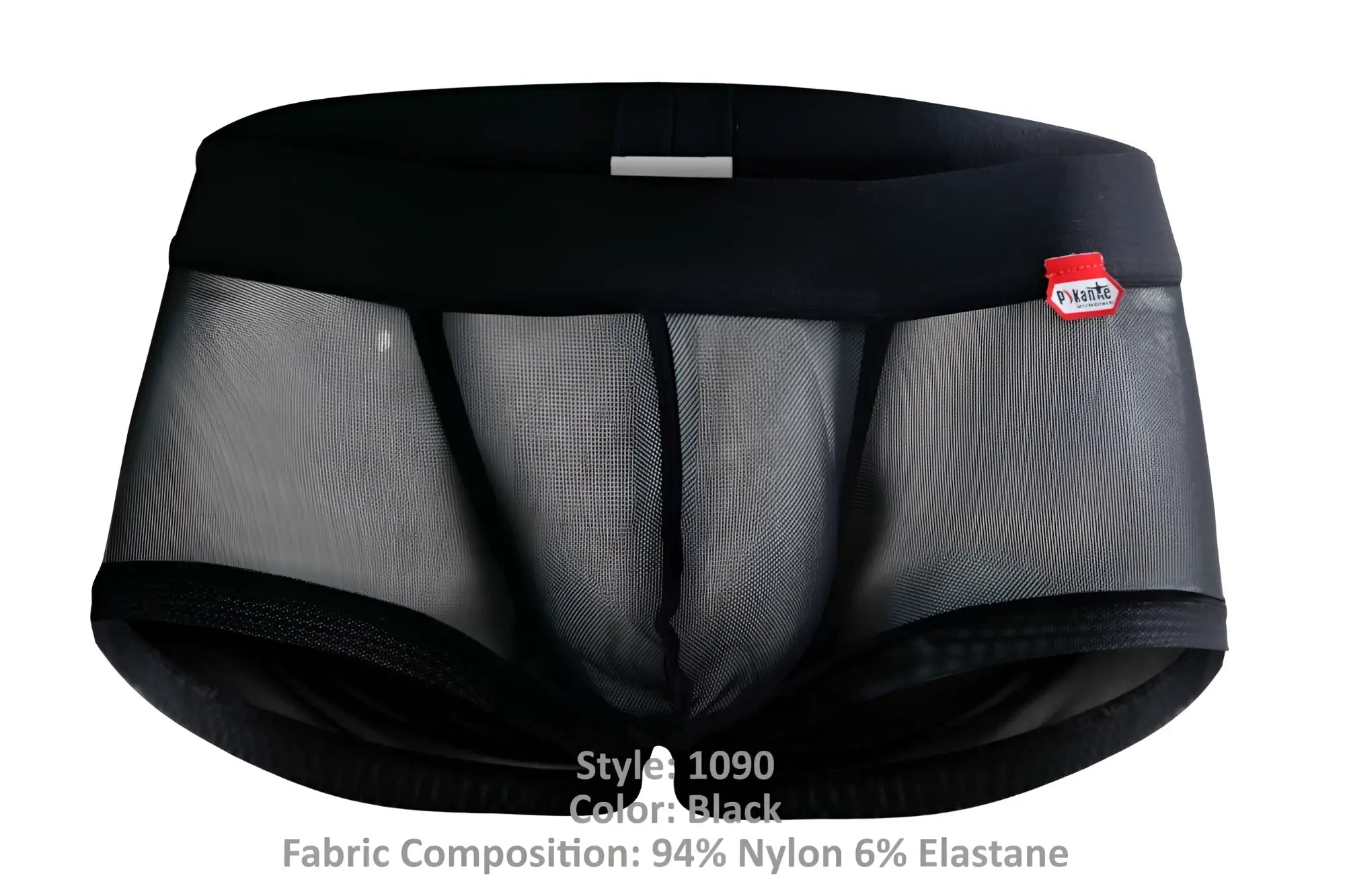 Pikante pik 1090 burly mesh trunks in black with black waistband and trim and red brand tag on the side