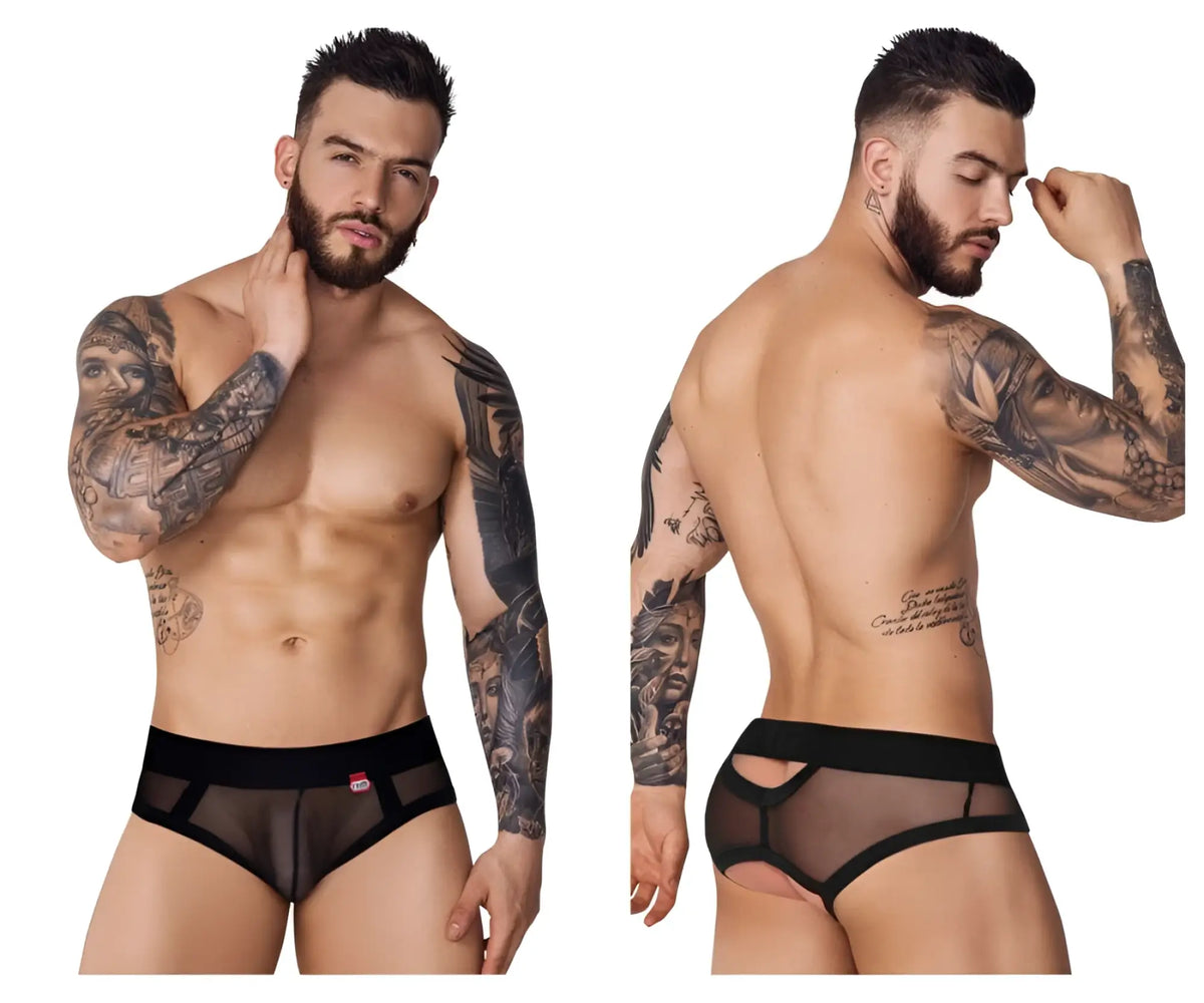 Pikante PIK 1091 burly mesh briefs in black with black elastic waistband and reinforced sheer side panels