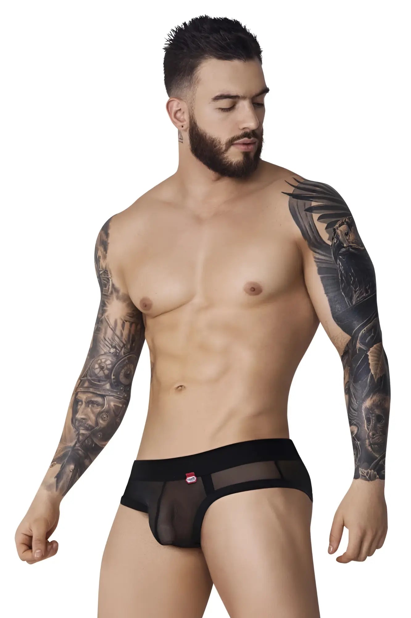 Black sheer mesh briefs with solid waistband and red logo on left side from pikante PIK 1091 Burly Mesh Briefs