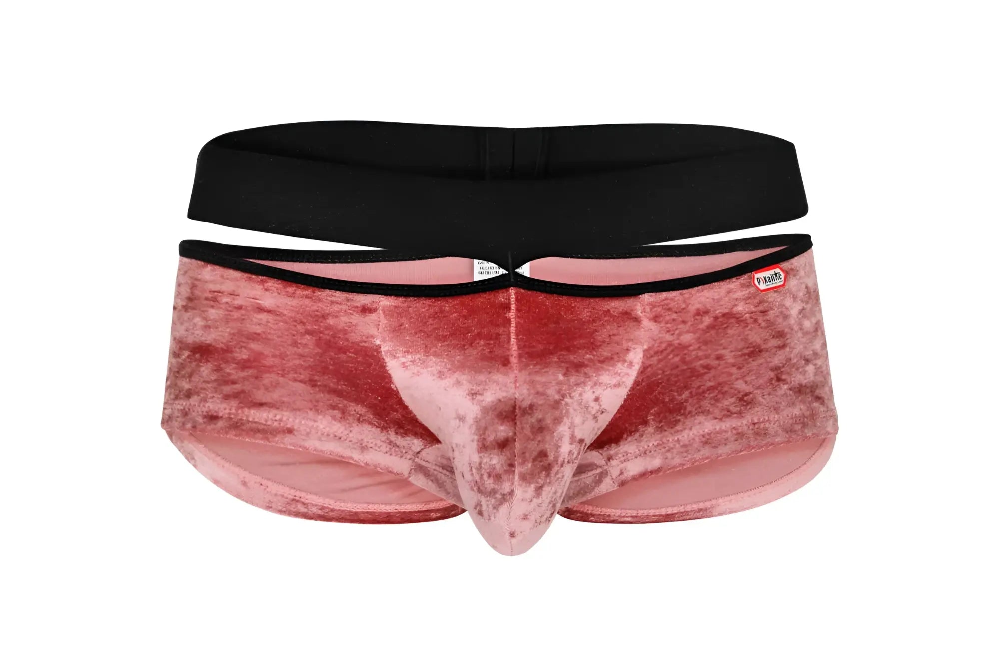 Pink velvet men’s briefs with black elastic waistband and red pikante brand tag from pik 1096 clandestine velvet trunks