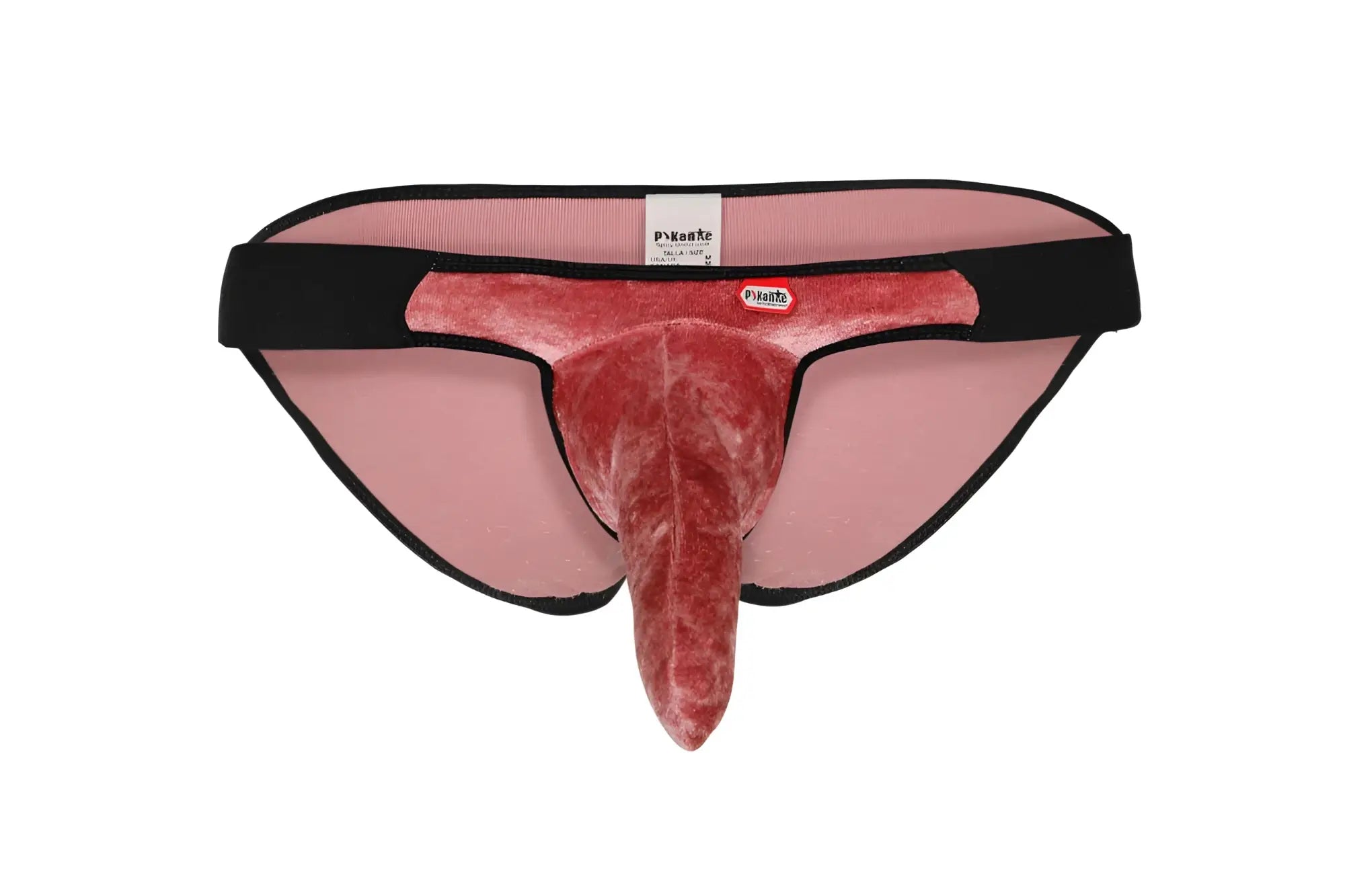 Pink velvet jockstrap with black elastic waistband and branded label from Pikante PIK 1098 Clandestine bikini collection