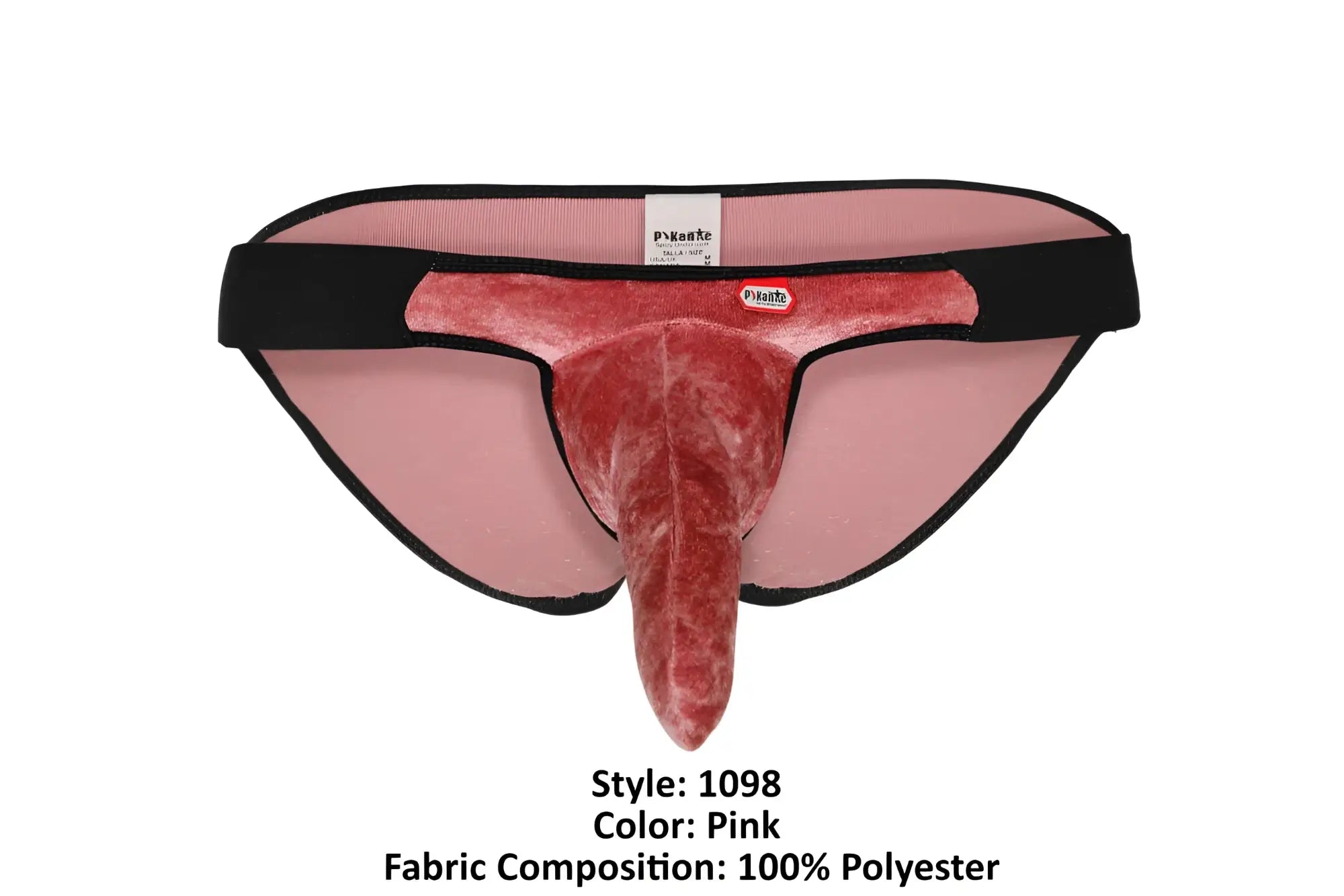 Pink velvet men’s underwear with black trim and central protrusion made of 100 percent polyester by pikante