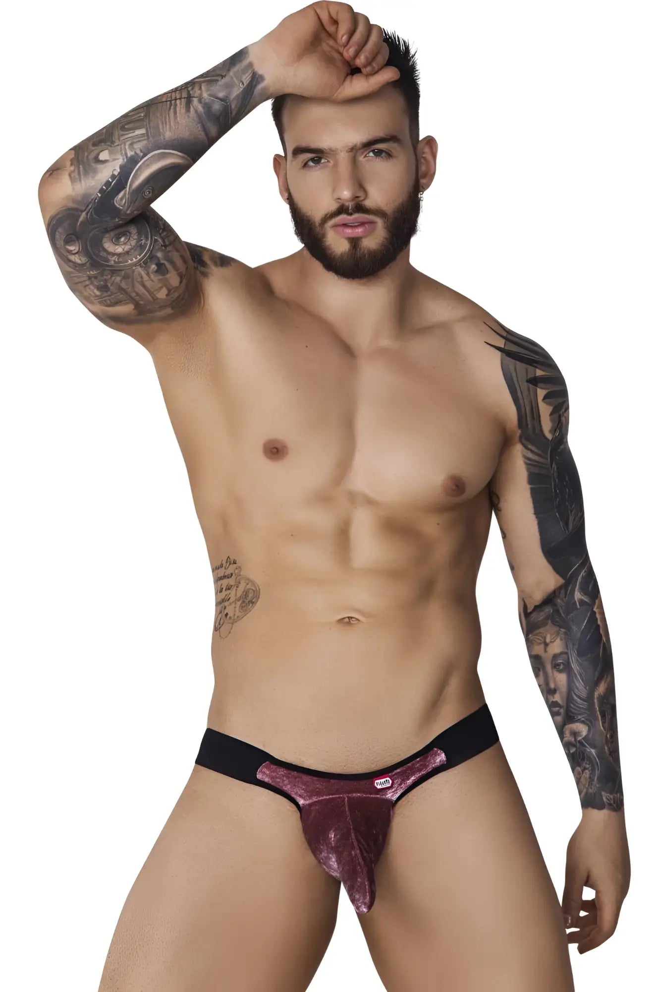 A shiny deep purple velvet thong with black elastic waistband from Pikante PIK 1098 Clandestine Velvet Bikini pink collection