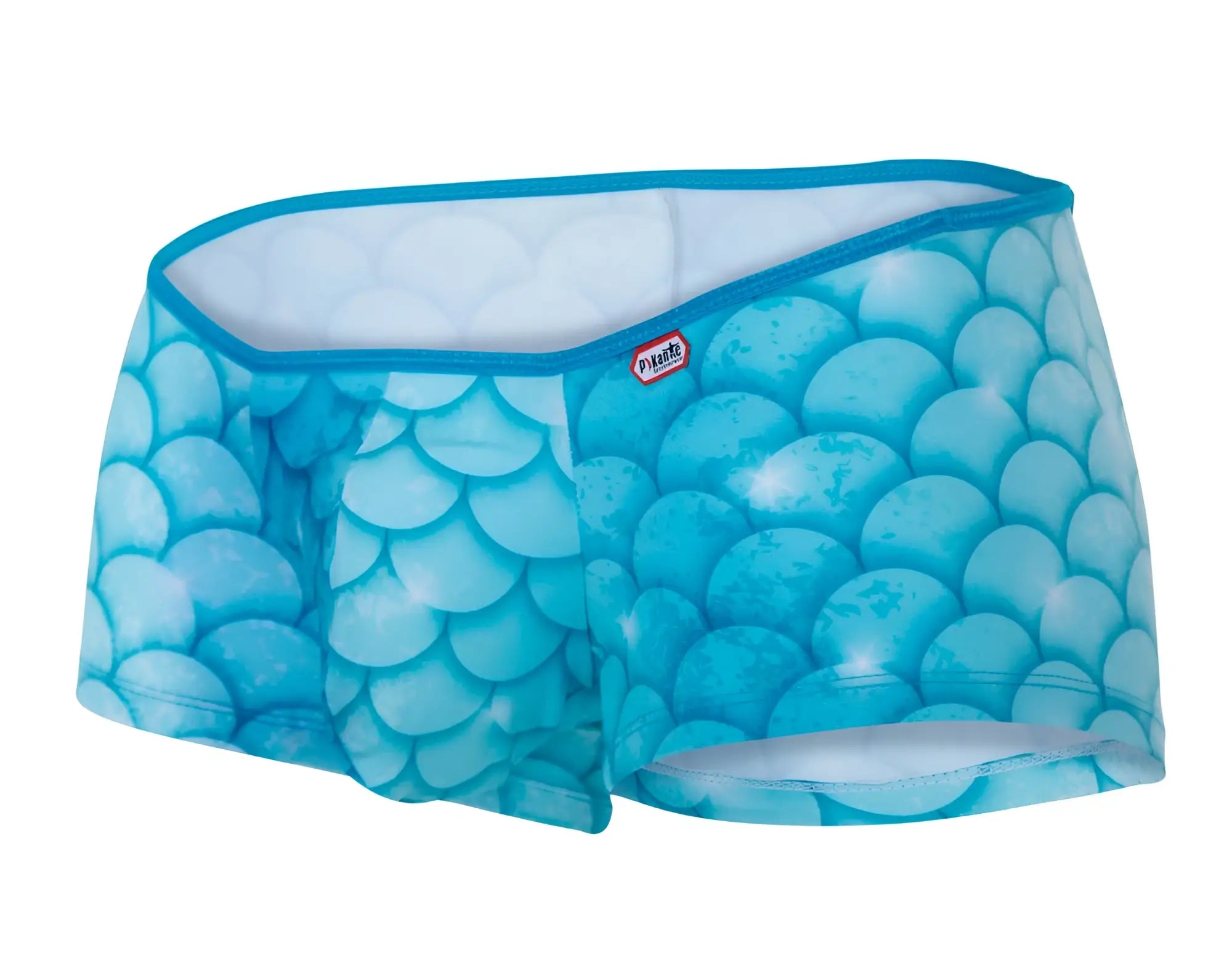 Blue Pikante PIK 1268 Roskilde trunks with mermaid-scale pattern, teal trim, and white interior men’s briefs