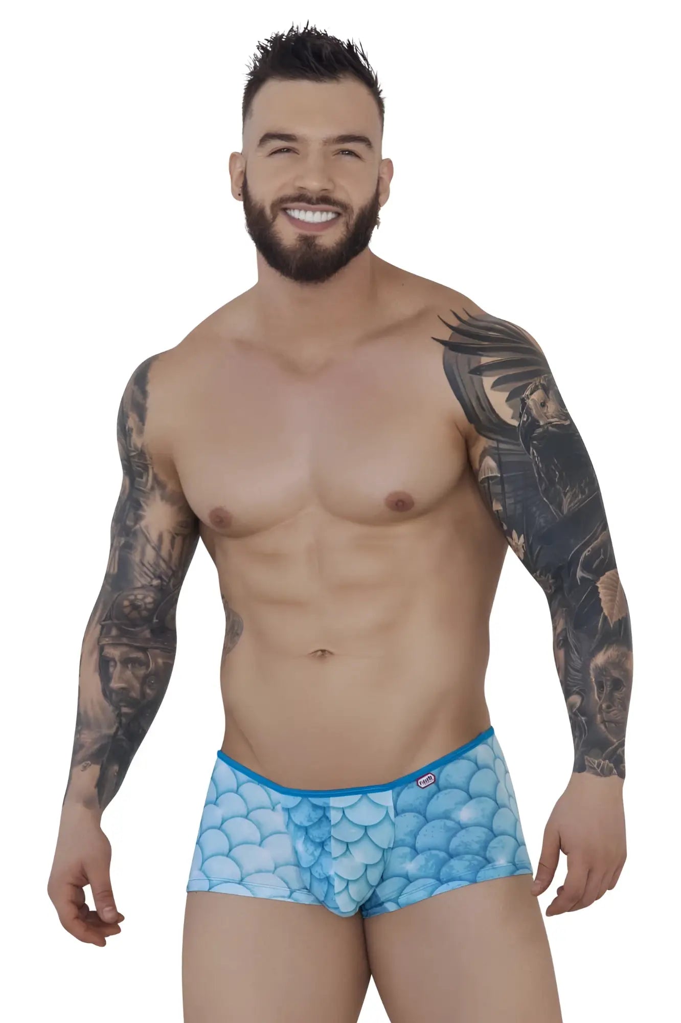 Blue scale-patterned pikante piks 1268 roskilde men’s briefs with a bright blue waistband